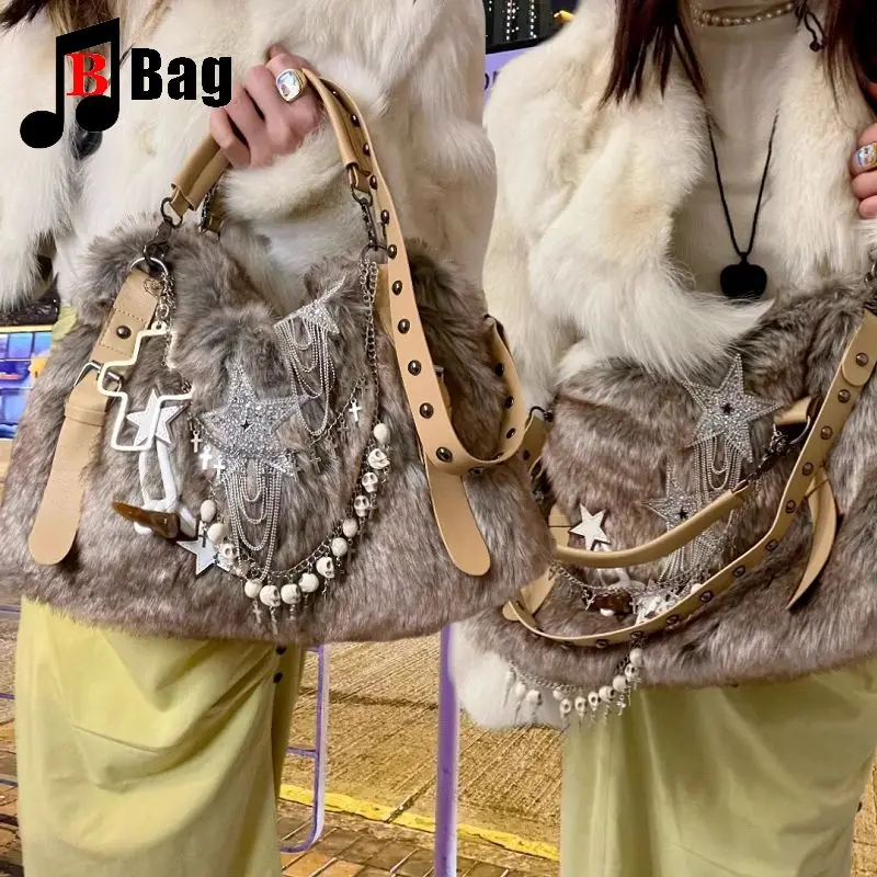 Y2K Gothic Women Girls punk Handbags Harajuku Furry European Glitter Star Single Shoulder Crossbody Bag Large Capacity Totes