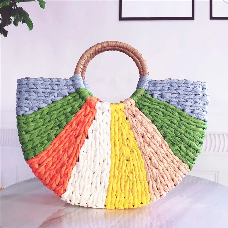 Borsa da donna colorata borsa di paglia di vimini in Rattan borsa semicircolare intrecciata borsa da viaggio Casual femminile di grande capacità