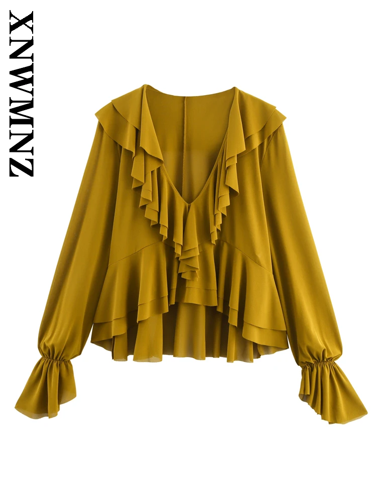 

XNWMNZ 2025 Autumn New Woman's Simple Casual V-Collar Long Sleeve Ruffle Long Sleeve Top Fashion Vintage Lady Yellow Tierred Top