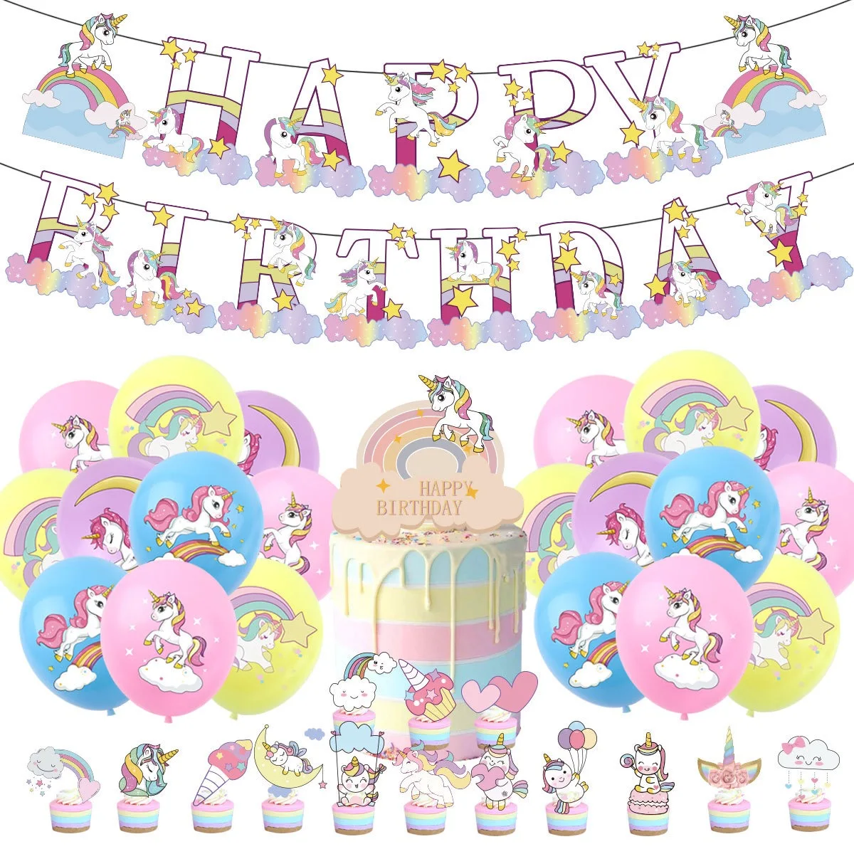 Unicorn Original New Product Birthday Party Decorative Supplies Cute White Horse Balloon Cake Banner Set