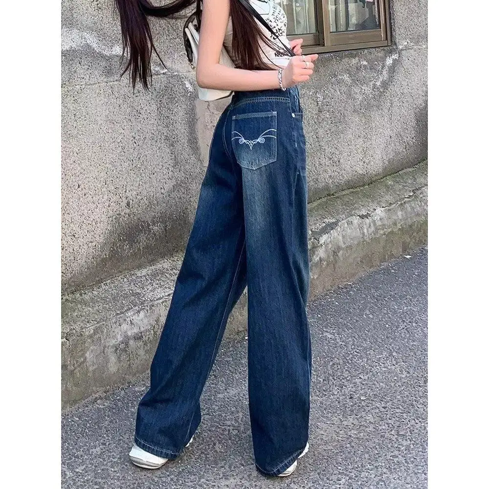 

High Waist Wide Leg Floor Length Blue Jeans Women's Loose Slimming Autumn Winter Cotton Polyester Straight Cut Trousers