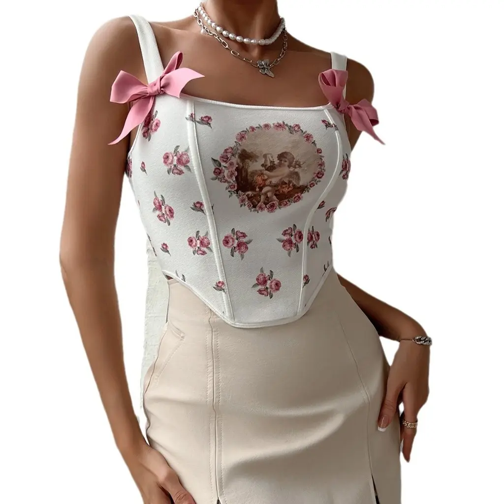

Sexy Backless Vest European And American Style Street Fashion Spice Girl Fish Bone Printed Waist Top for Women