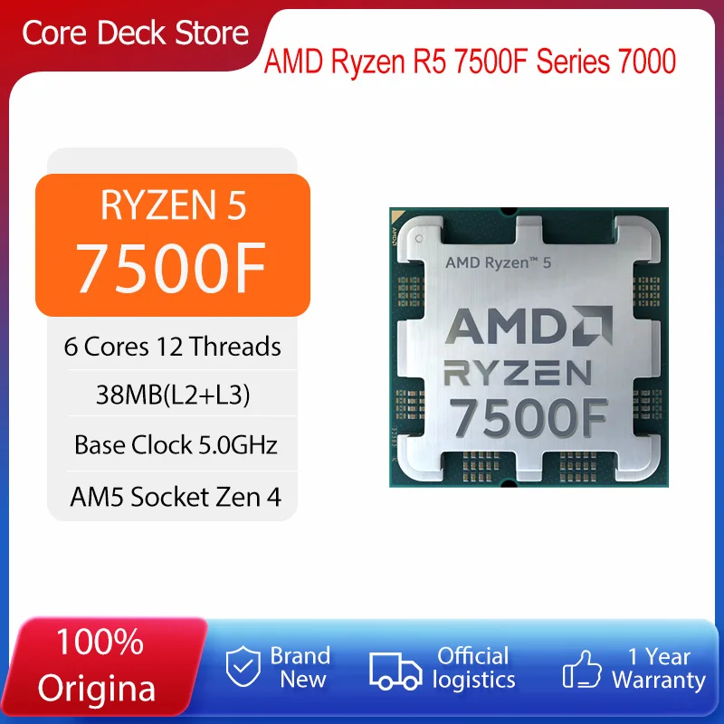 Processeur AMD Ryzen 5 7500F, 5,0 GHz, 6 cœurs, 12 threads, 32 Mo de cache de jeu, 65 W, R5 7500F, socket AM5, DDR5 5200 MHz, 5 nm, sans ventilateur