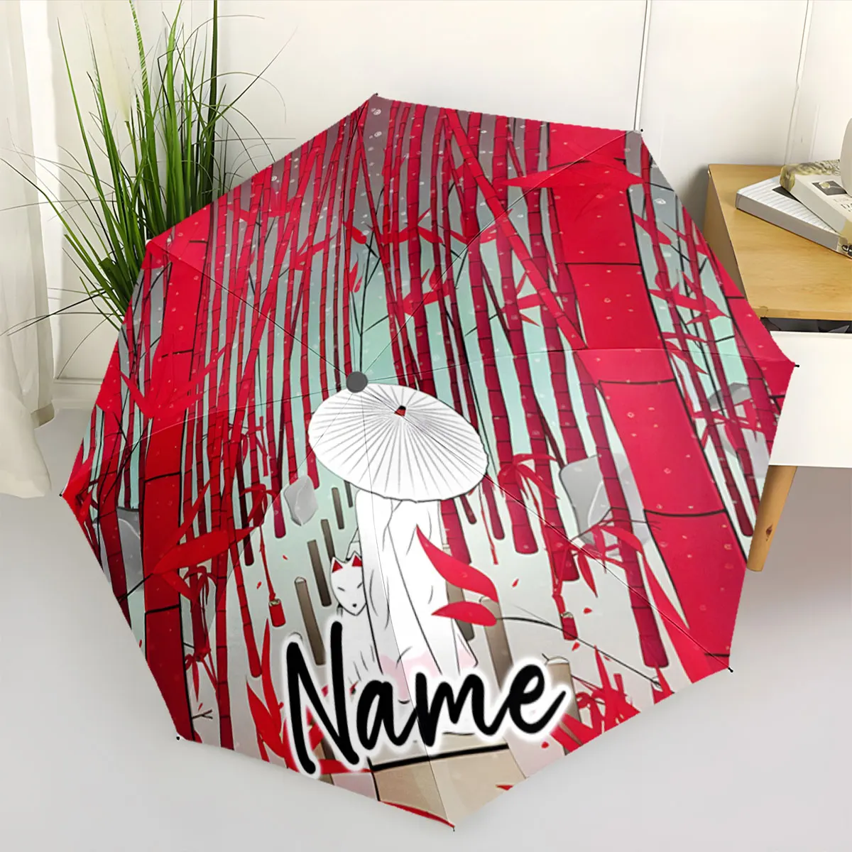 Custom Name Umbrella Stylish Umbrella Design with Red Forest Theme 8 Iron Ribs Folding Umbrella Auto-Open Fashion Sunshade