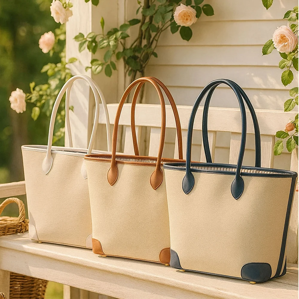 Linen Beach Handbag Bag Women Tote Summer Natural Basket Bags With Pu Handle Large Capacity For Storage Travel Beach