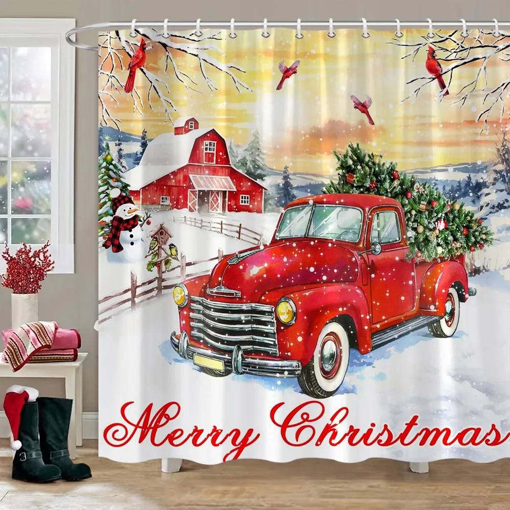 Merry Christmas Shower Curtain Winter Red Truck Snowman Reindeer Snow Farmhouse Shower Curtain Washable Polyester Bathroom Decor