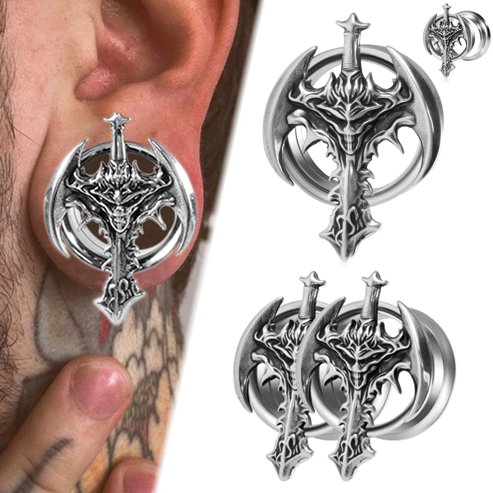 1-2PCS Devil Sword Vintage Ear Tunnels&Plugs Expander Ear Gauge Stretchers 316L Surgical Steel Double Flared Ear Weight Jewelry