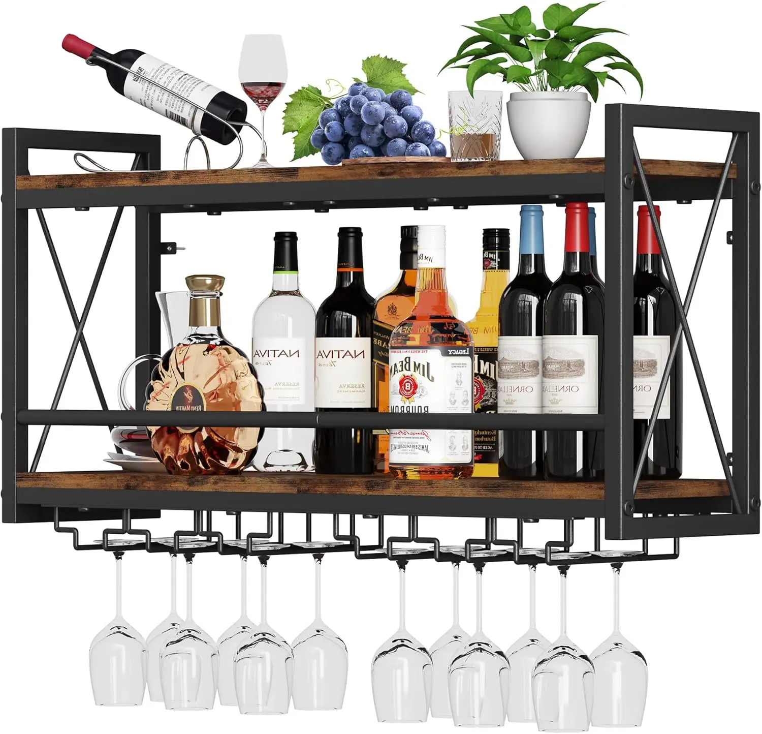 

Wall Mounted Wine Rack with Glass Holder, Wood-Metal Retro Design for Kitchen Dining Home Bar Display