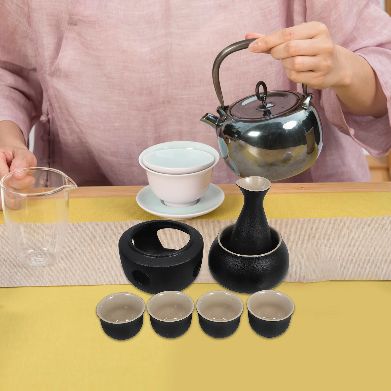 

1Set Ceramic Wine Warmer Set Japanese Style Sake Pot with Cups Smooth Easy to Clean Retro Liquor Warming Kit for Home Decor Gift
