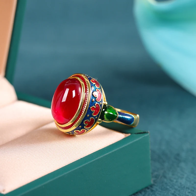 Original ancient gold craftsmanship natural carnelian rings for women flower enamel national style light luxury Wedding jewelry