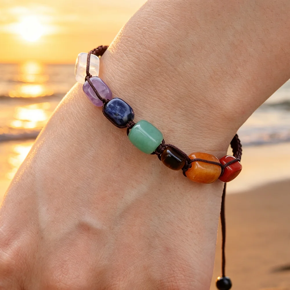 Verstellbares Geflochtenes Seil-Chakra-Armband mit Rechteckigen Natursteinperlen, Yoga-Heilungs-Armband für Männer und Frauen