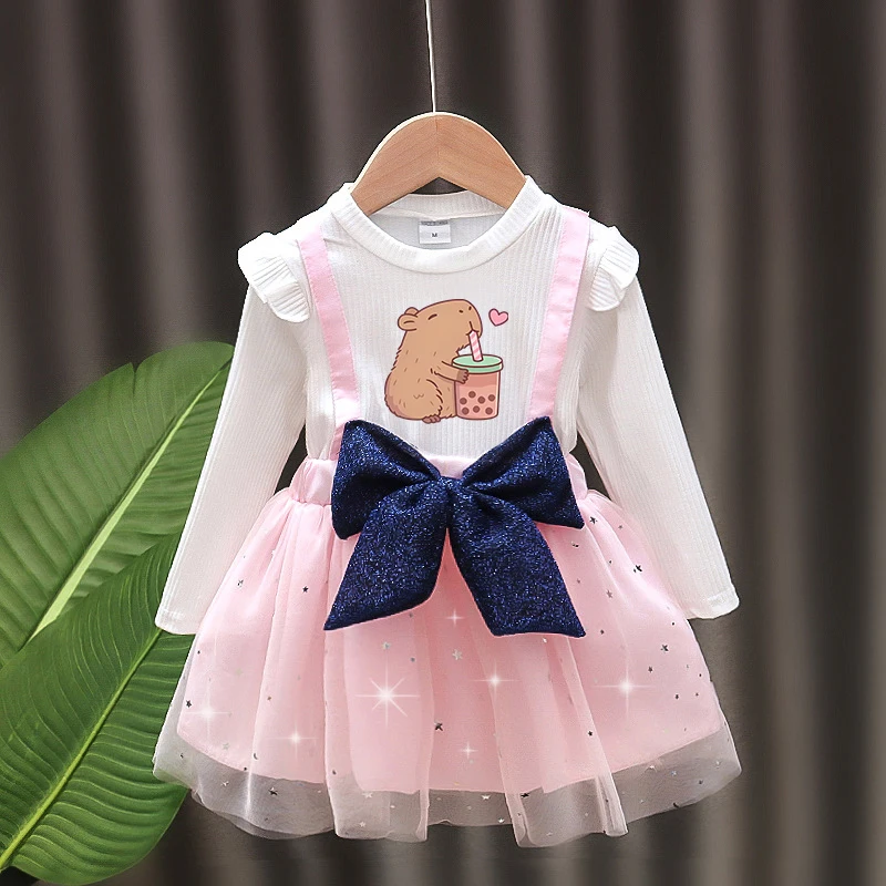 Цельные платья Capybara для девочек, детское платье на бретелях с длинными рукавами и принтом аниме, весенне-осенняя детская одежда с героями мультфильмов, подарок