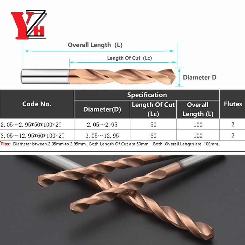 YZH 100L Carbide Twist Drill Diameter D2.05-D12.95 HRC50/55 CNC Straight Handle Drilling Hole For Metal Iron Steel