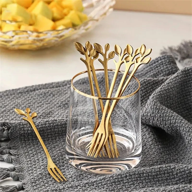 6Pcs Creative Stainless Steel Gold Flatware Fruit Fork Dinnerware Appetizer Snack Dessert Fork Kitchen Tableware Leaf Shape