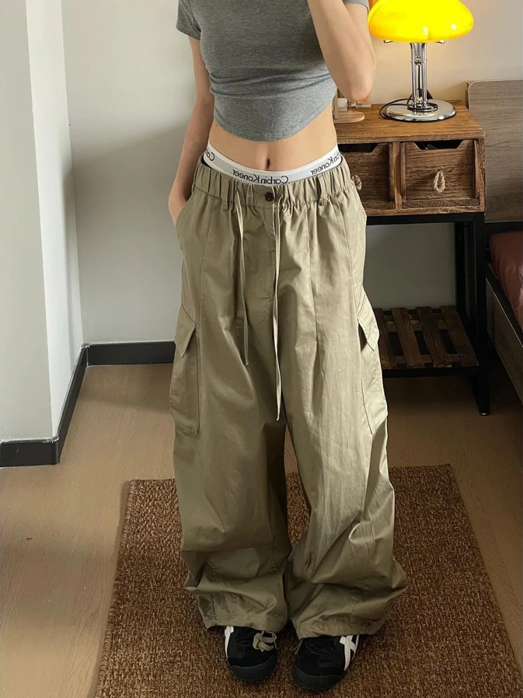 

Deeptown Khaki Vintage Women's Cargo Pants Pockets Wide Leg Korean Fashion Straight Trousers Baggy Casual Hip Hop Streetwear