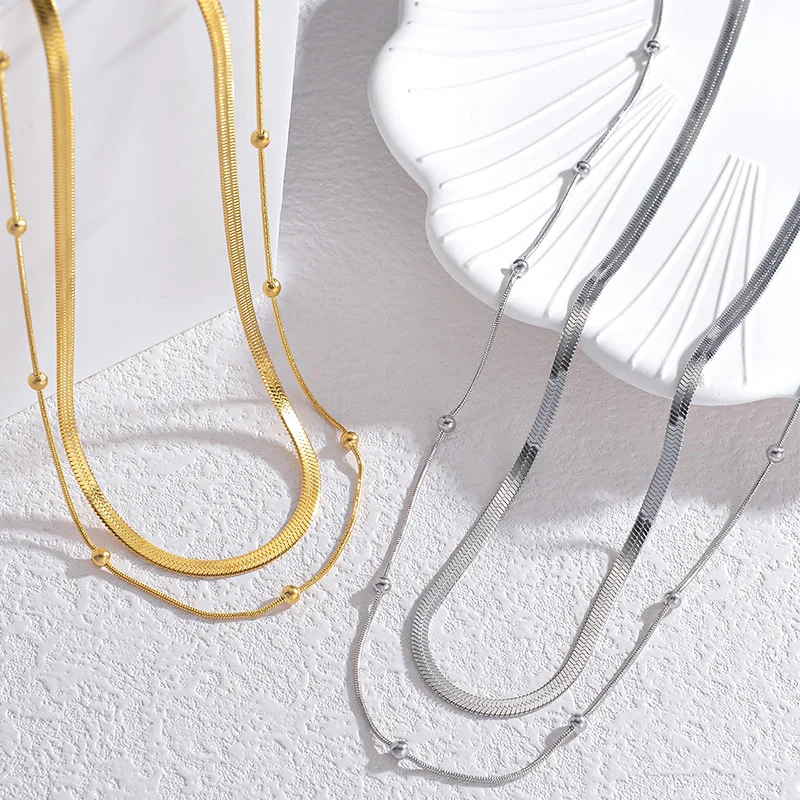 Punk Clavicle Flat Blade Snake Link Choker Necklace Gold Silver Color Fashion Stainless Steel Double Necklace Women Jewelry Gift