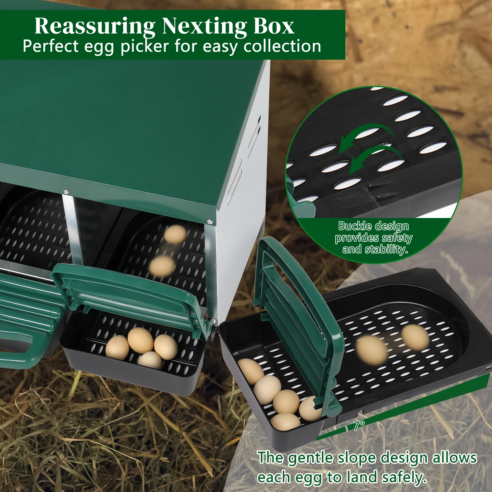 2 Compartment Roll Out Chicken Nesting Box with Plastic Basket, Egg Nest Box Chicken Laying Box Hens Chicken Coop Box, Green