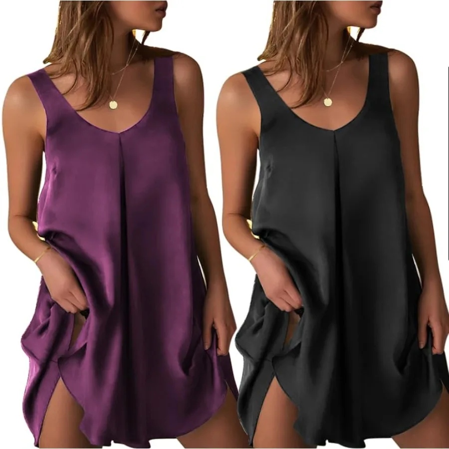 

Ekouaer Women's 2 Pack Satin Silk Nightgown Sleeveless Sleep Dress V Neck Nightshirt Soft Tank Pleated Nightdress