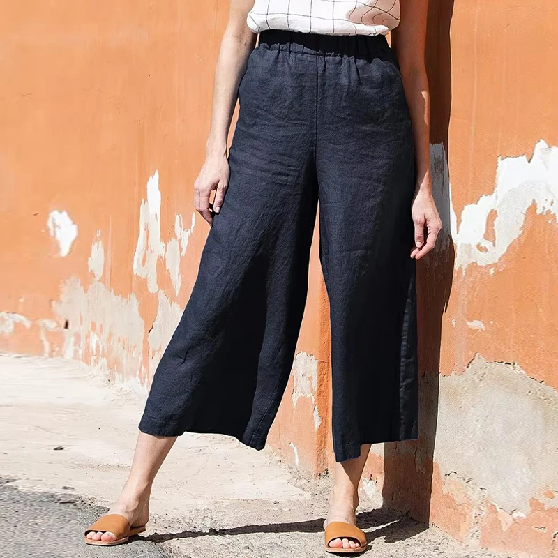 

Women's 100% Linen Wide-Legged Pants Casual Loose Fit Summer 2025 Elastic Waist Harajuku Retro Linen Trousers Female Clothing