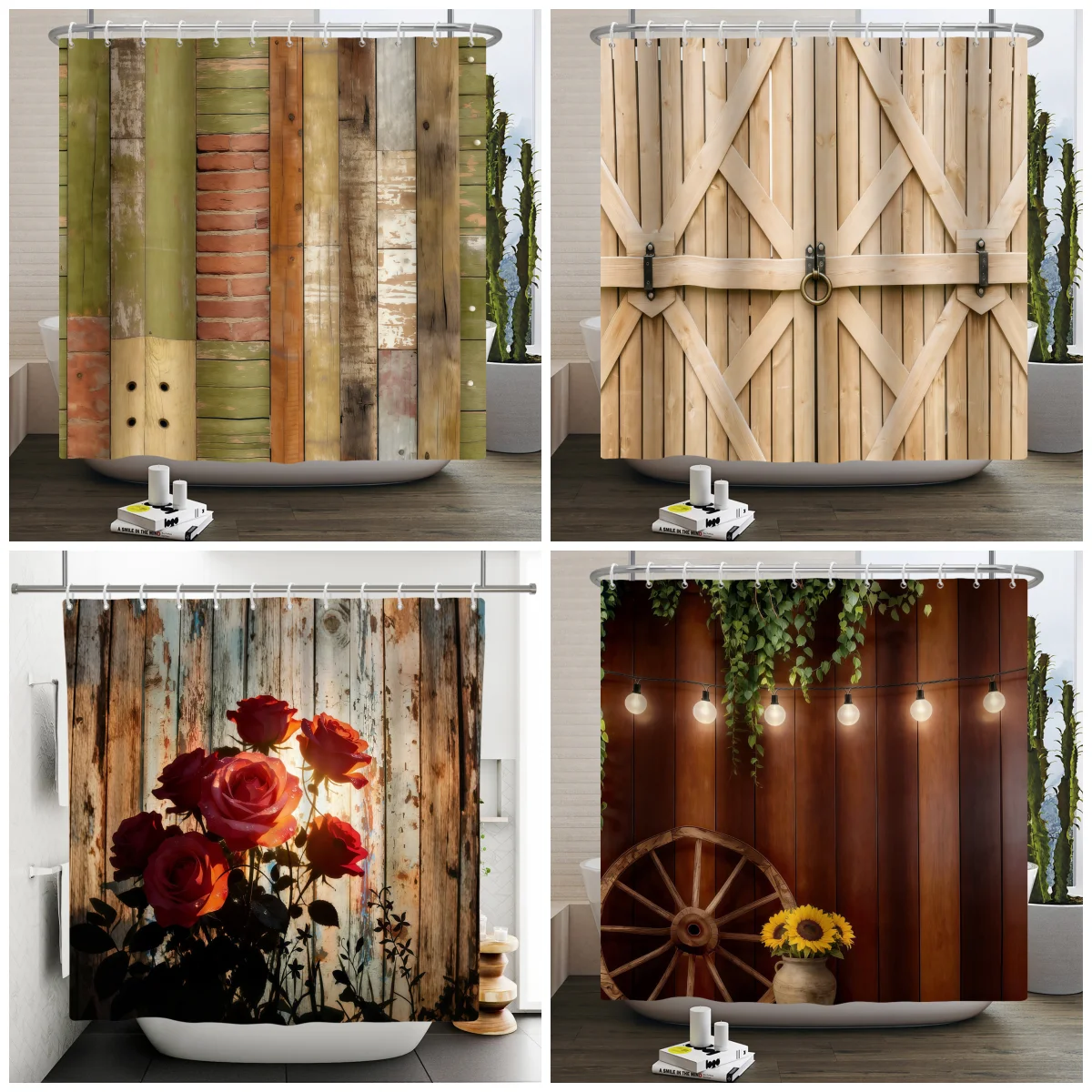 

Водонепроницаемая шторка для ванной в стиле вестерн с деревянной дверью-амбаром, полиэстеровая, с крючками