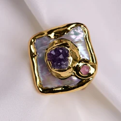 GG Freshwater Cultured White Square Pearl Purple Amethyst Druzy Ring Adjustable