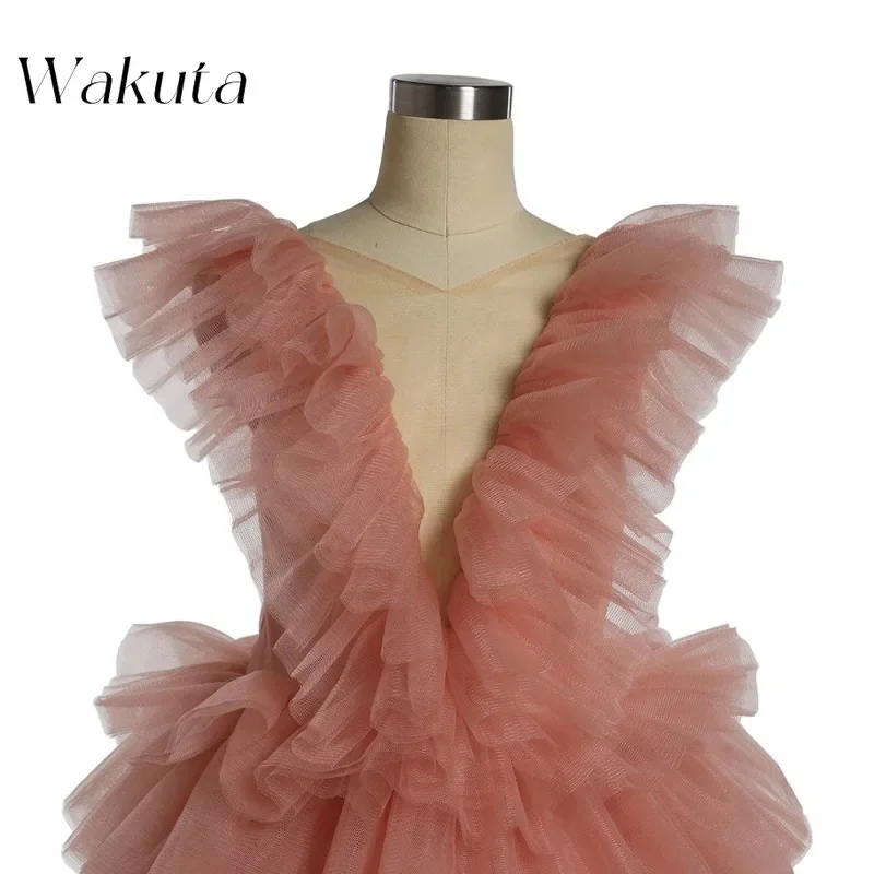 Wakuta Sexy V-neck Sleeveless Mesh Gowns فستان سهر Vintage Waisted Tiered Cute Chiffon Birthday Back To School Evening Dresses