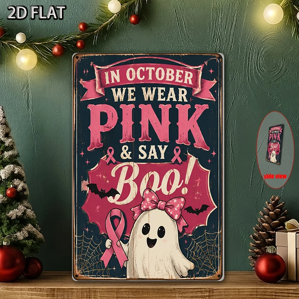 Metal Sign Breast Cancer Awareness Cute Ghost with Ribbon And Bats Retro Circular Plaque Poster for Porch Patio Halloween Summer