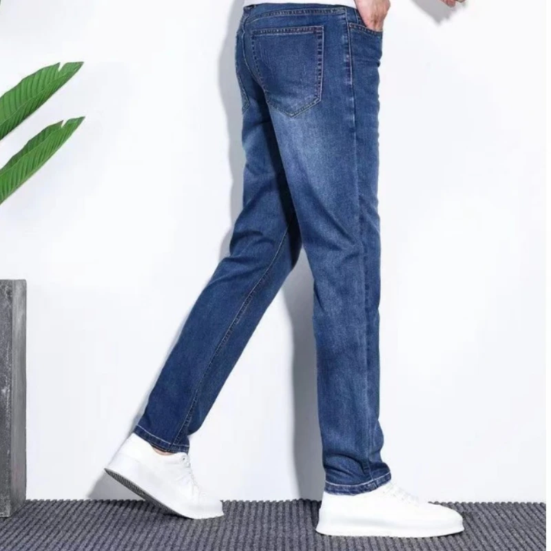 Man Denim Pants Blue Baggy Trousers Man's Adult Clothing Casual Jeans Business Straight Leg Stretch Sportseear Slim Fit Solid