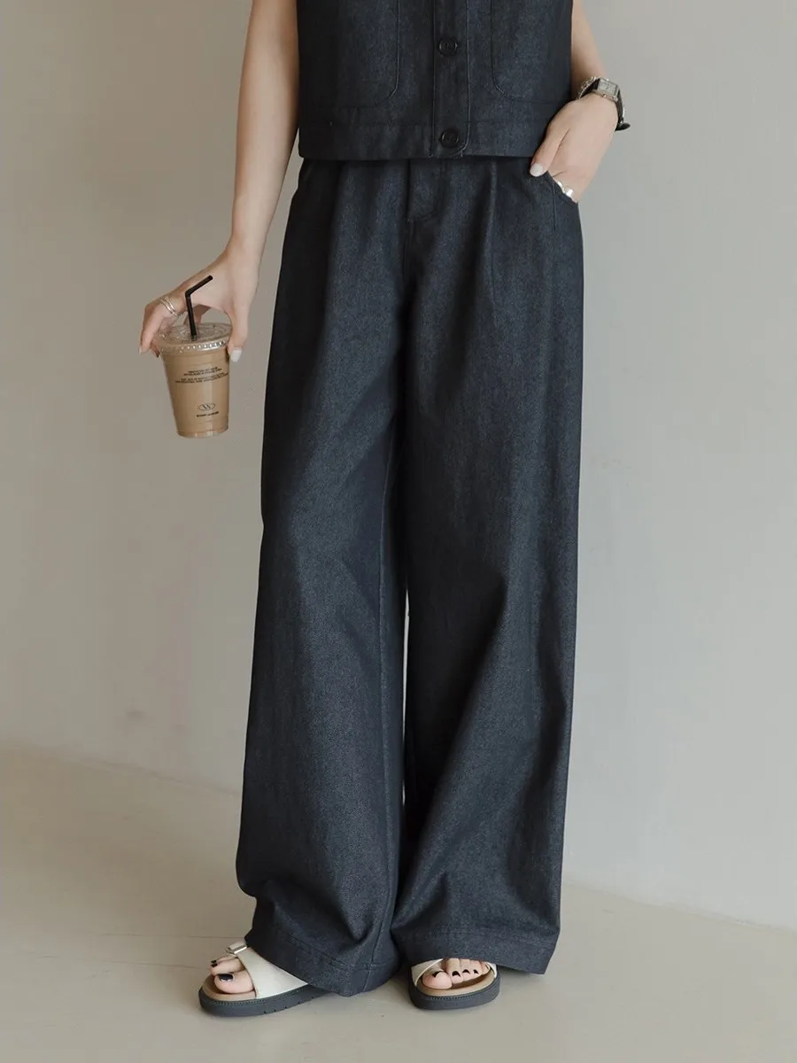 

Bla Casual Denim Set Women's Loose Wide Leg Pants And Vest Retro Sle Summer Faion Two-Piece Suit by Wang Fei Home