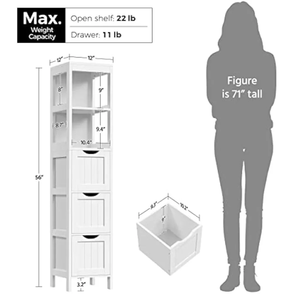 Bathroom Tall Cabinet, Slim Storage Cabinet, Narrow Freestanding Floor Cabinet with 3 Drawers & 2 Shelves, Linen Tower for Small