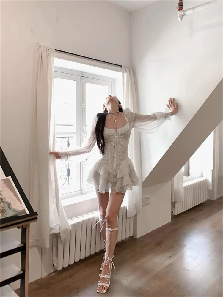 Vestido elegante De manga abombada para Mujer, Y2k, cintura delgada, encaje, retazos, volantes, novedad De verano 2025, Vestido De Mujer