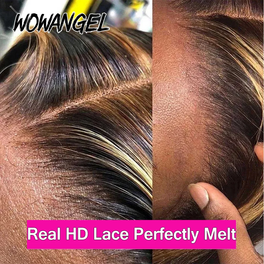 Wow Angel Ombre Highlight 13x6 HD Lace Frontal Wigs Melt Skins Honey Blonde Colored Body Wave Wigs Human Hair Wigs For Woman