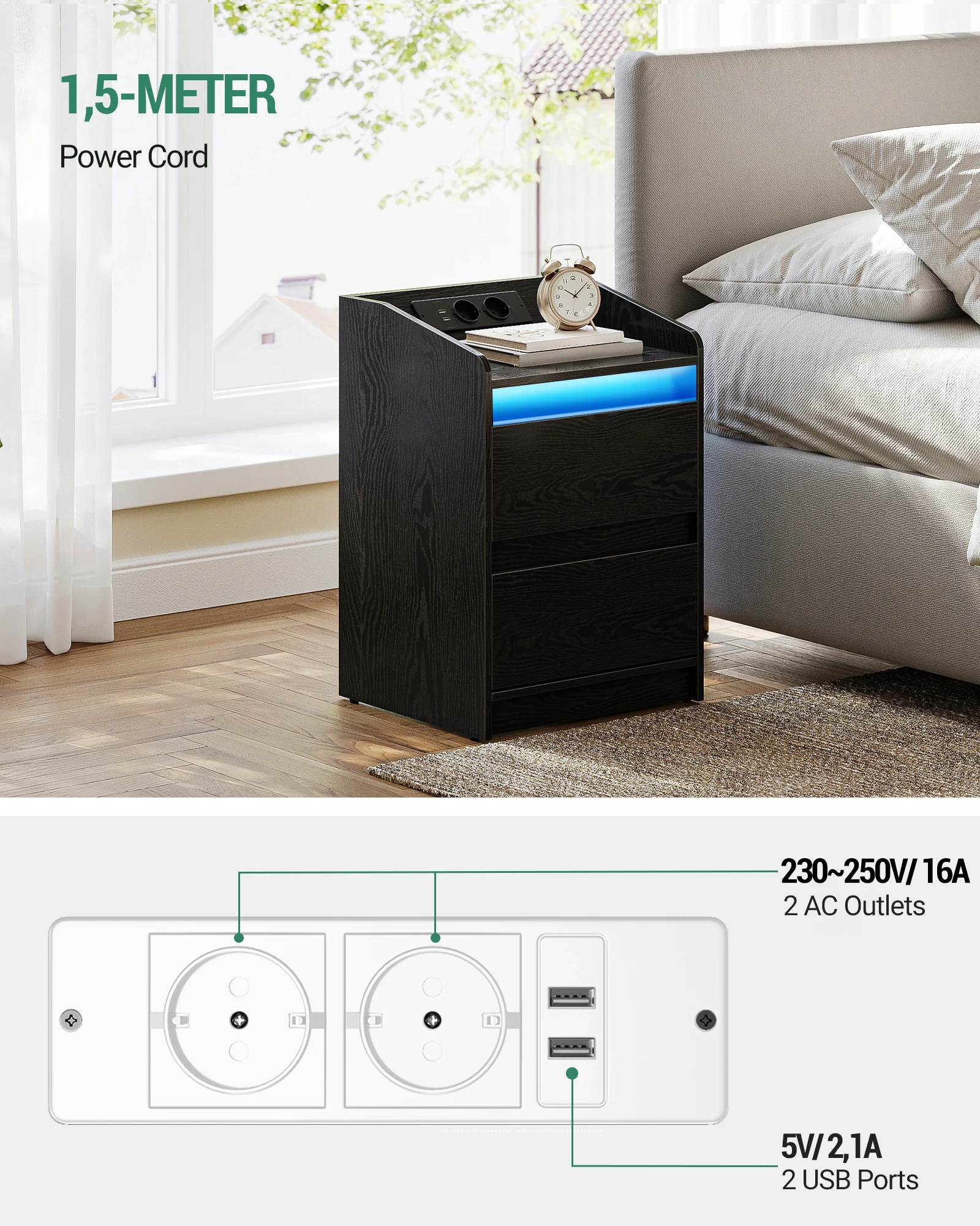 طاولة جانبية للسرير مع درجين، طاولة جانبية، أنيقة ومتعددة الاستخدامات، مثالية لغرفة المعيشة وغرفة النوم #5