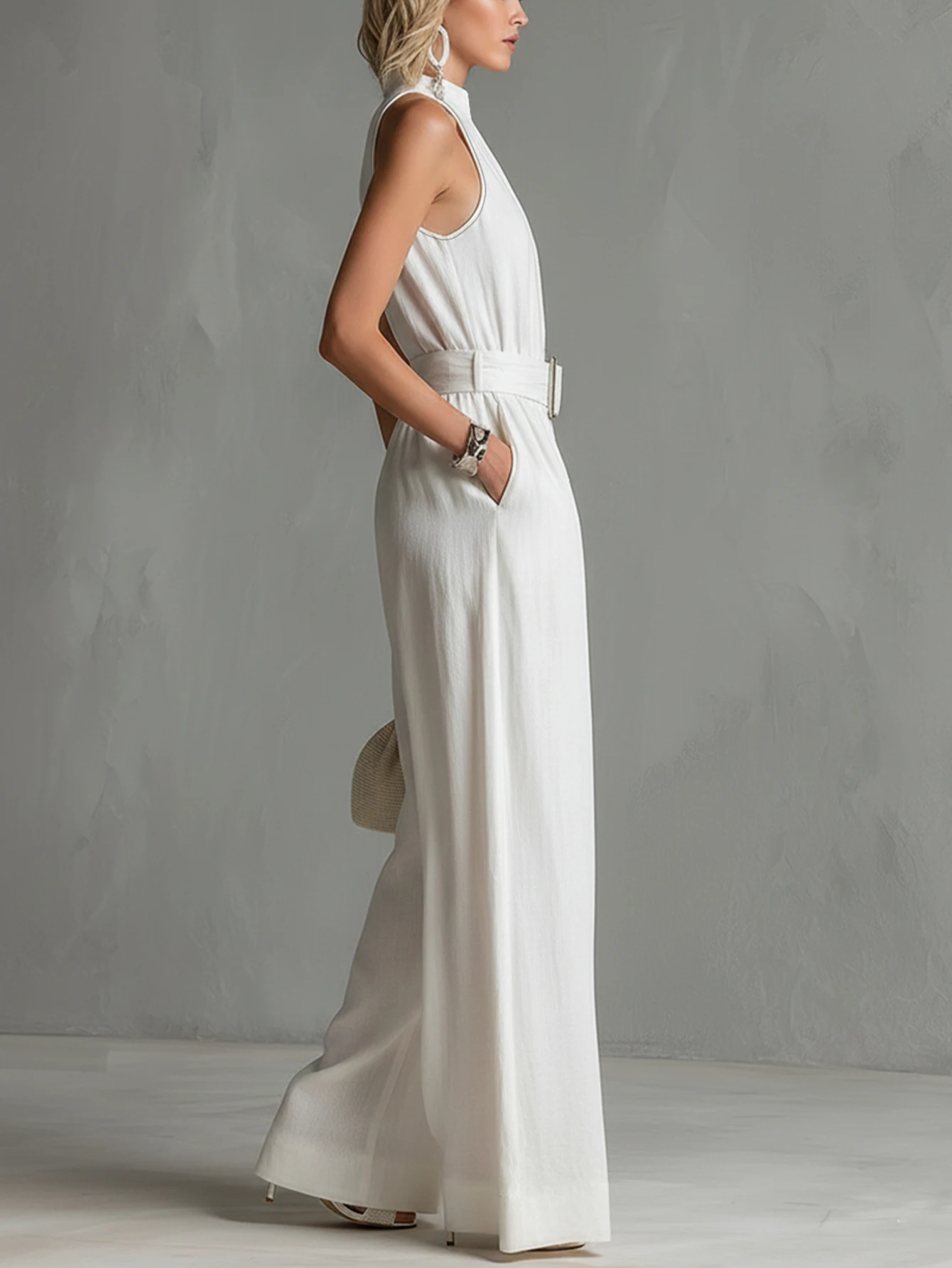 Ärmelloser Damen-Jumpsuit mit Reißverschluss am Bund, Hochgeschnittene Weite Hose, Geeignet für Urlaub und Freizeit – Detail 2