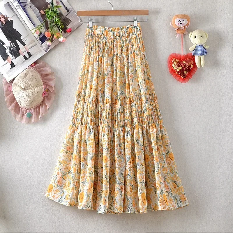 Muslim Women Summer Elegant Floral Printed Black Midi Long Chiffon Skirts Ladies Spring Streetwear High Waist  Muslim Skirt