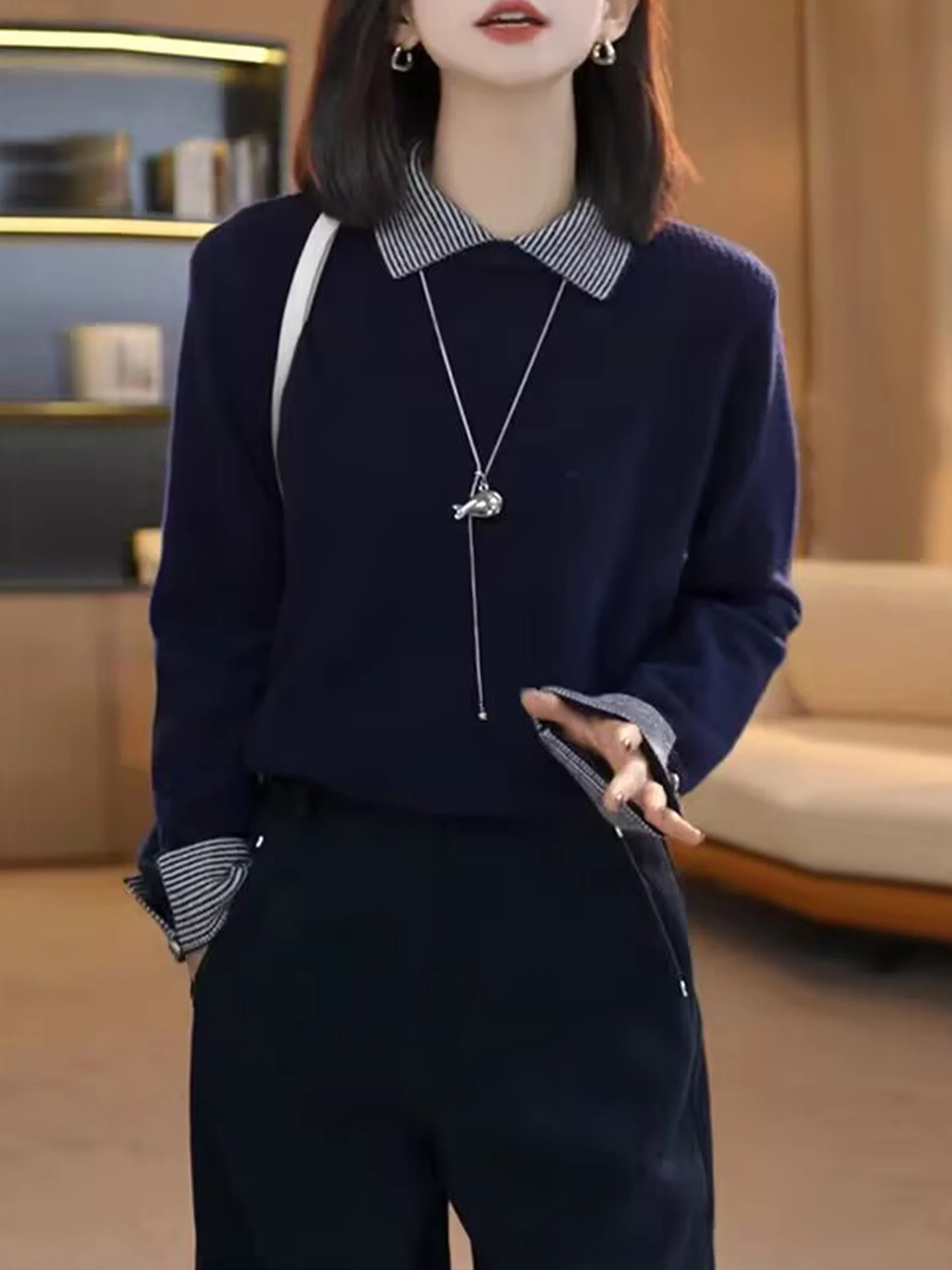 Blusa de Tricô Versátil com Gola  Confortável de Manga Longa Casual de Inverno em Camere para Mulheres Moda Estilo Coreano