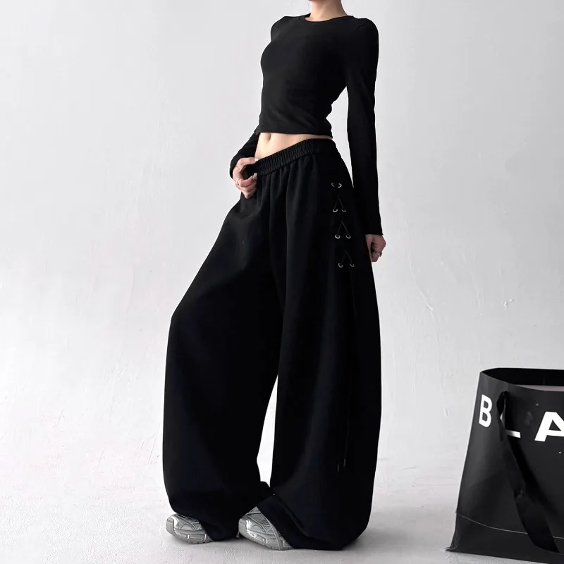 2026 New Side Strap Decorative Casual Pants Women Korean Fashion Oversized Hip Hop Street Dance Loose Wide Leg Pants Streetwear