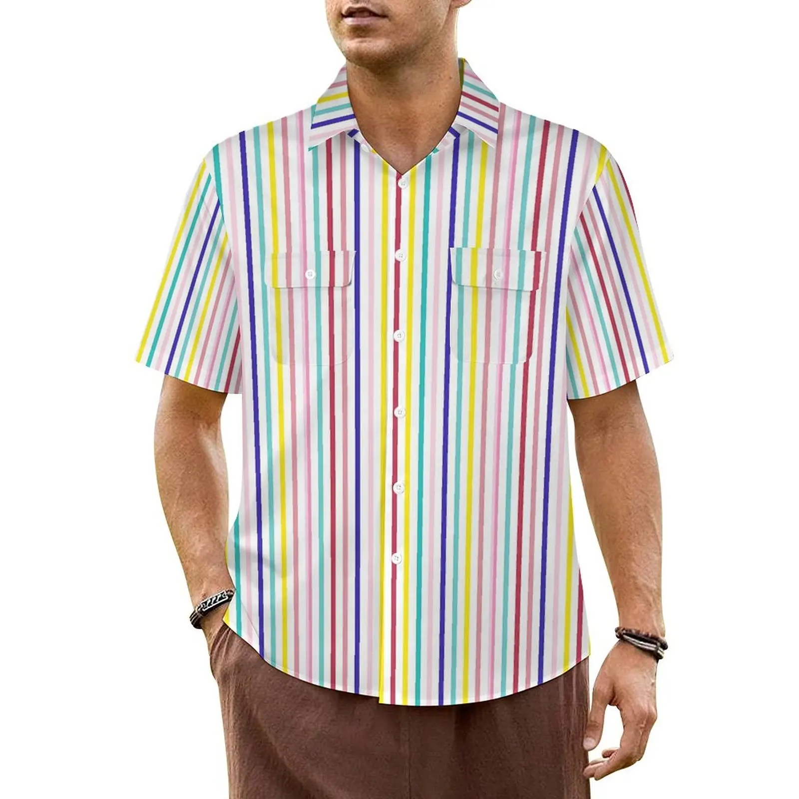 

Bright Rainbow Striped Beach Shirt Male Lines Print Trendy Casual Shirts Hawaii Short-Sleeved Stylish Plus Size 6XL 7XL Blouses