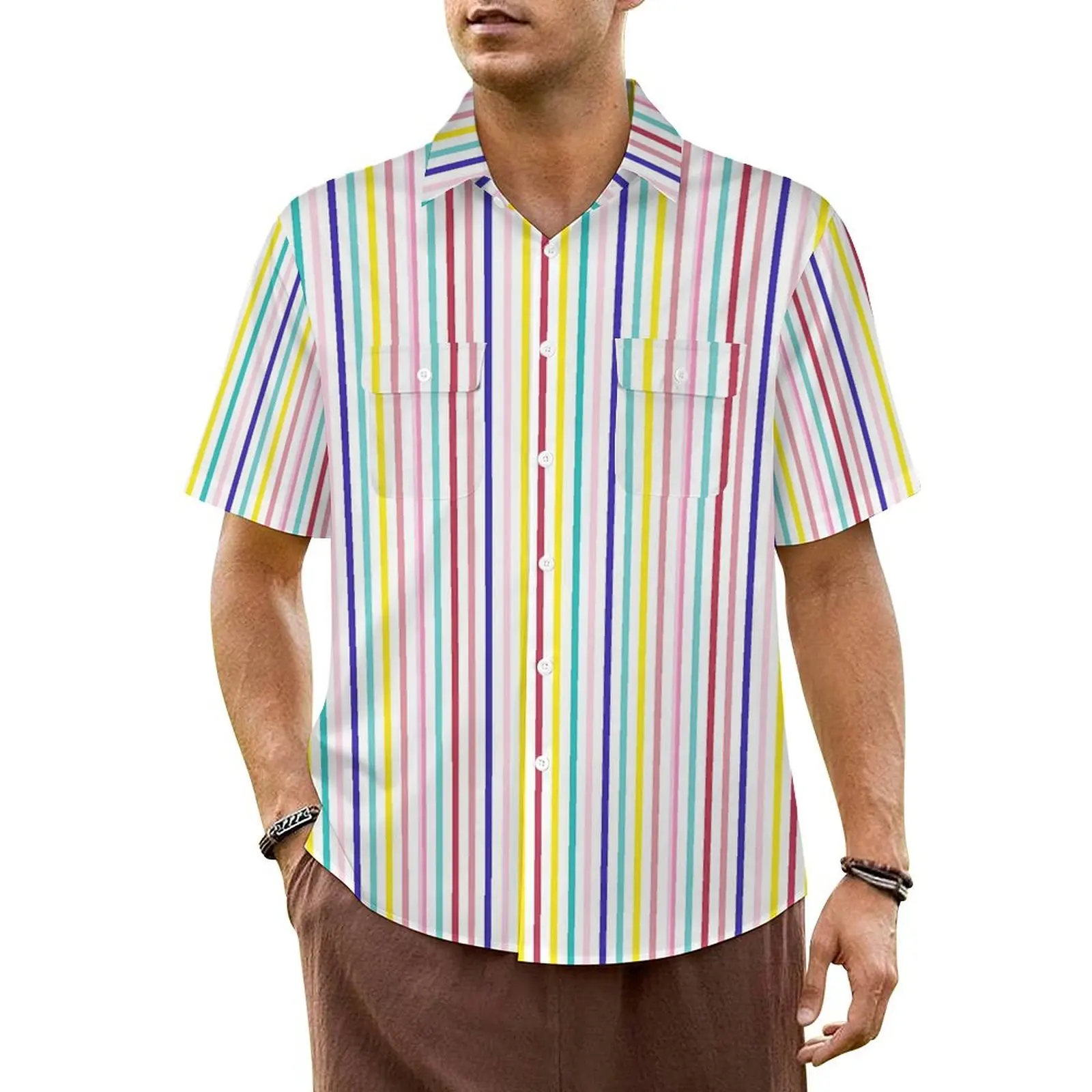 Bright Rainbow Striped Beach Shirt Male Lines Print Trendy Casual Shirts Hawaii Short-Sleeved Stylish Plus Size 6XL 7XL Blouses