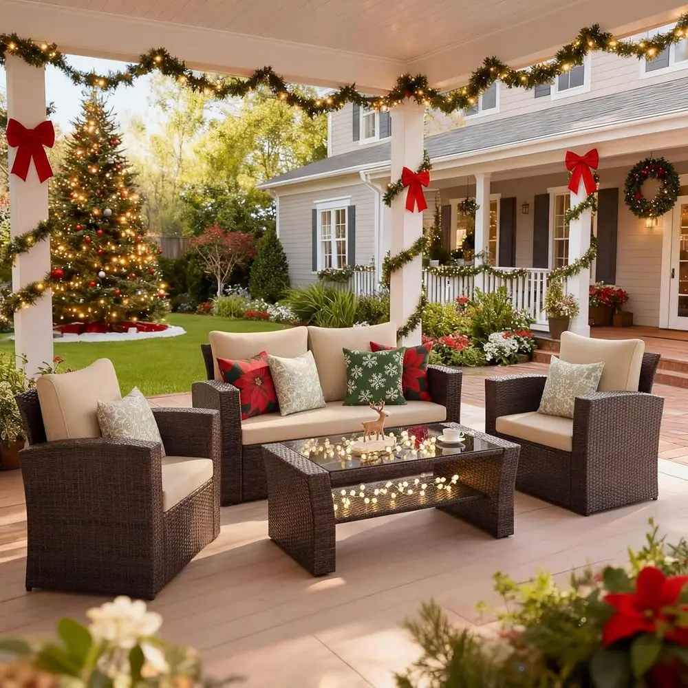 

Набор мебели для патио, плетеный набор мебели для бесед на открытом воздухе, всепогодный диван для патио с подушкой и стеклянным столом