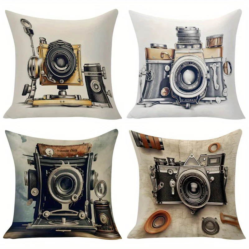 

4pcs Vintage Camera Theme Throw Pillow Covers, Home Decor Cushion Covers, Single-Sided Print, Multiple Sizes, Zipper Closure, Ea