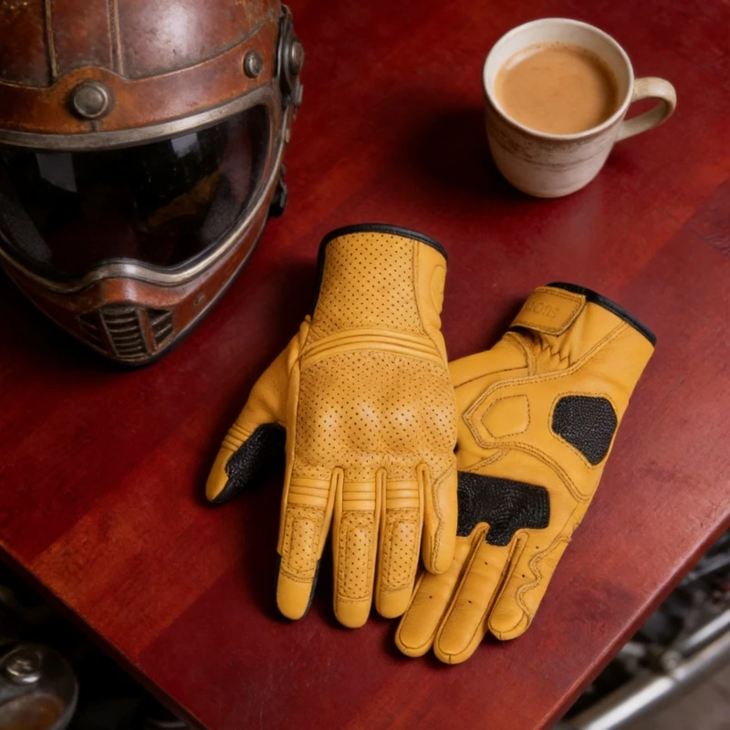 

Yellow Retro Perforated Leather Motorcycle Gloves Breathable Touch Screen Full Finger Motobike Motorcycles Accessories S-XL