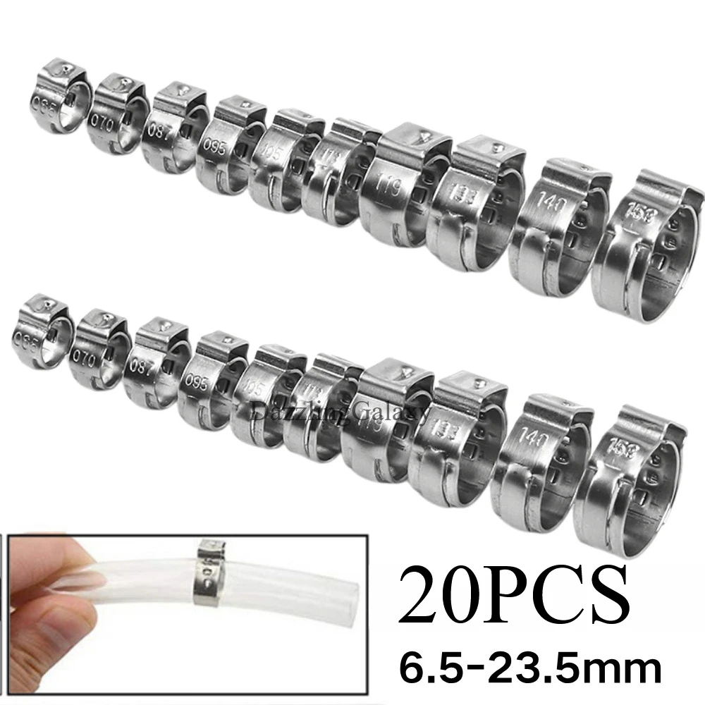 

20 шт., хомуты для шлангов с одним ухом из нержавеющей стали 304, зажим для топливного масла, водяного шланга, зажим для трубки, крепеж 6,5 мм-23,5 мм