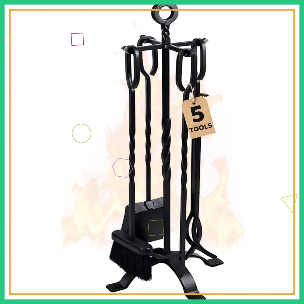 

5-Piece Fireplace Tool Set with Stand, Tongs, Poker, Brush & Shovel - Heavy Duty Wrought Iron for Indoor/Outdoor Use
