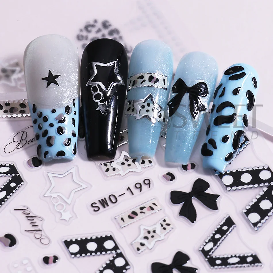 2 Stück Y2K Nagelaufkleber Schwarz Rosa Leopardenmuster Schleife Hohlstern Band Französisches Design Nagelsticker DIY Halloween Maniküre Deko – Detail 5