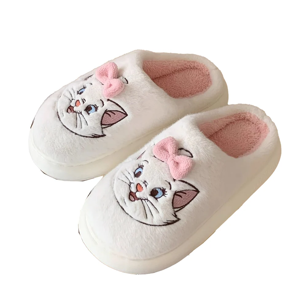 Disney Mary Cat bonito dos desenhos animados sapatos de pelúcia para senhoras, chinelos de algodão domésticos antiderrapantes interiores quentes, inverno