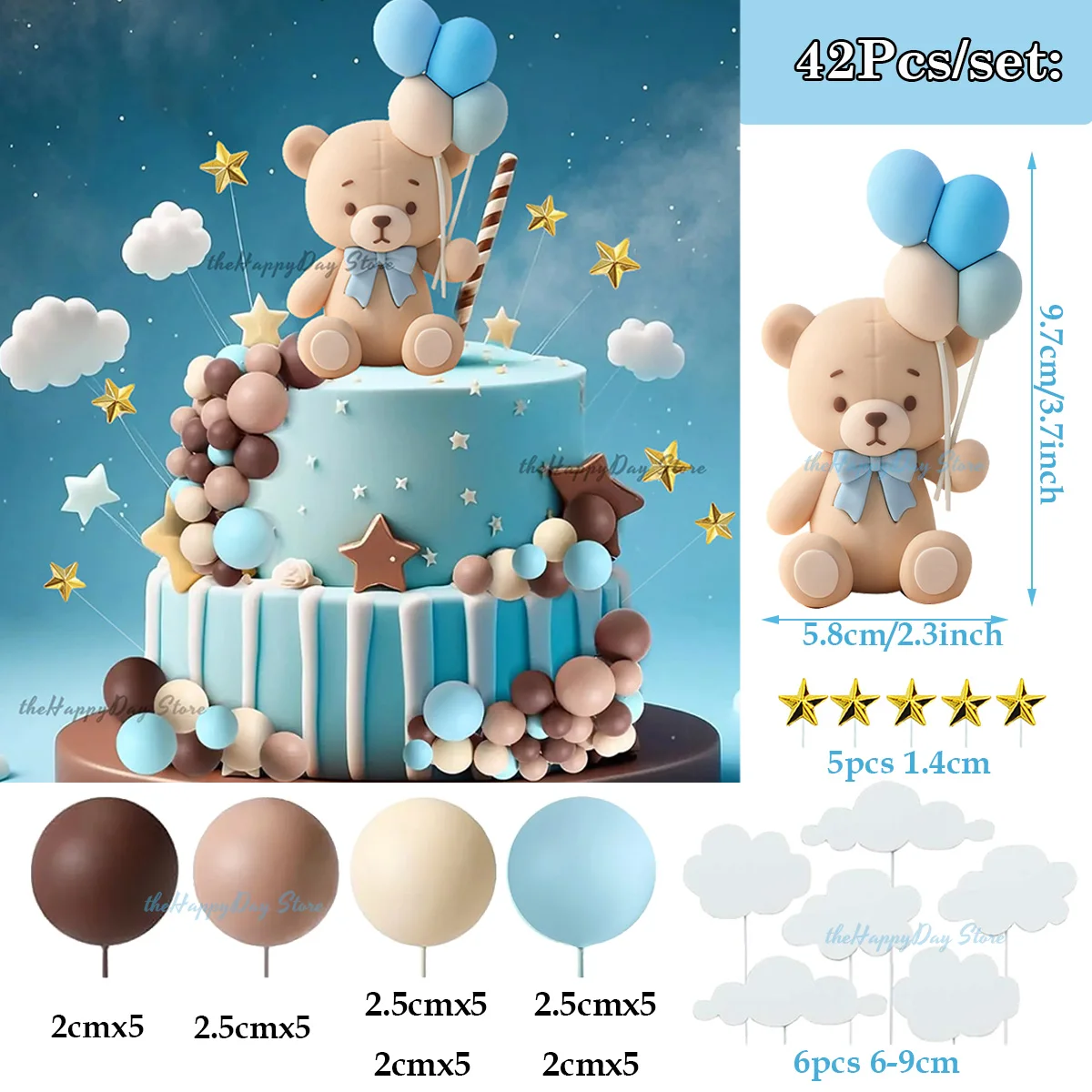 1 Set Blaue Bären-Kuchendekoration 3D Bär Blau-Beige Bälle Kuchenaufsätze Bären-Geburtstag We Can Bearly Wait Babyparty Kuchendeko – Detail 39