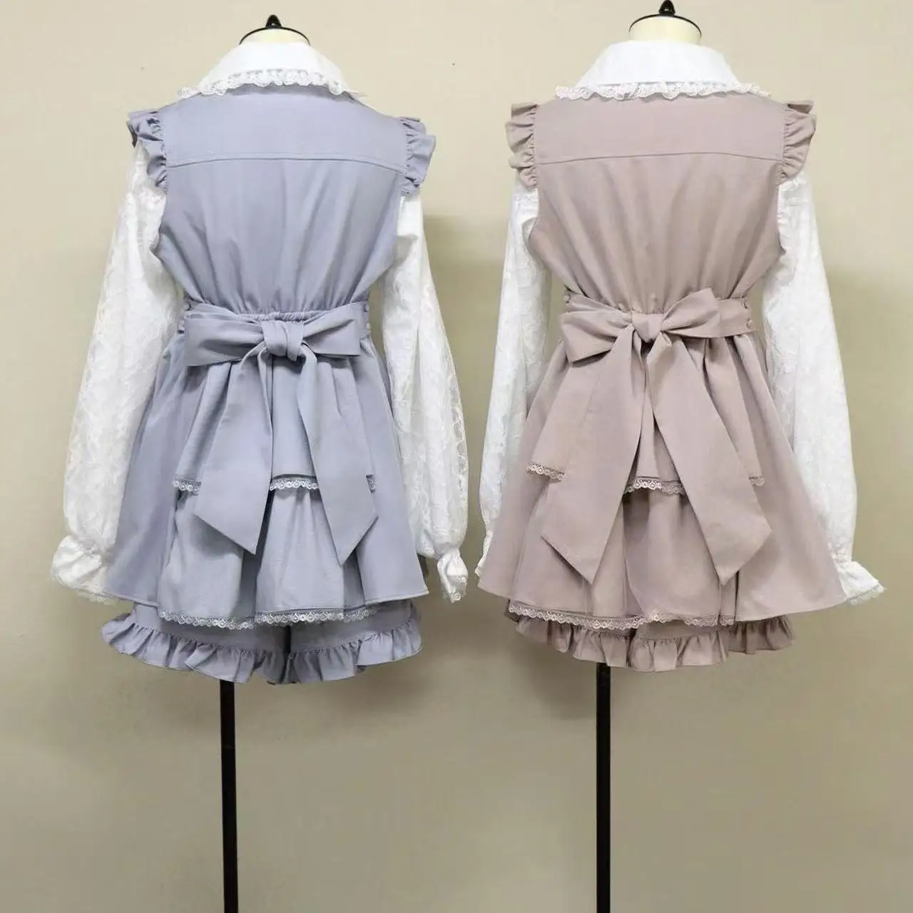 Japanese Mine Style Doll Collar Bow Lace Splicing Long Sleeve Lace-up Slim Dress High Waist Shorts Two Pieces Sets Women Autumn image 2