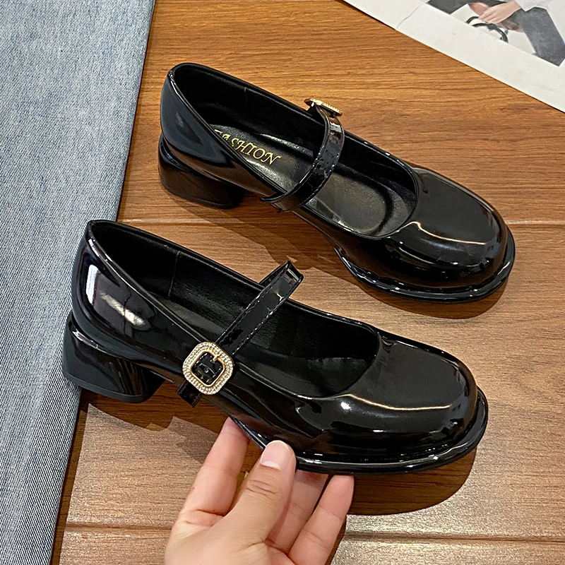 Women Pumps 2024 New Mary Jane Shoes for Women Big Size Belt Buckle Small Leather Shoes for Women Thick Heels High Heels Shoes