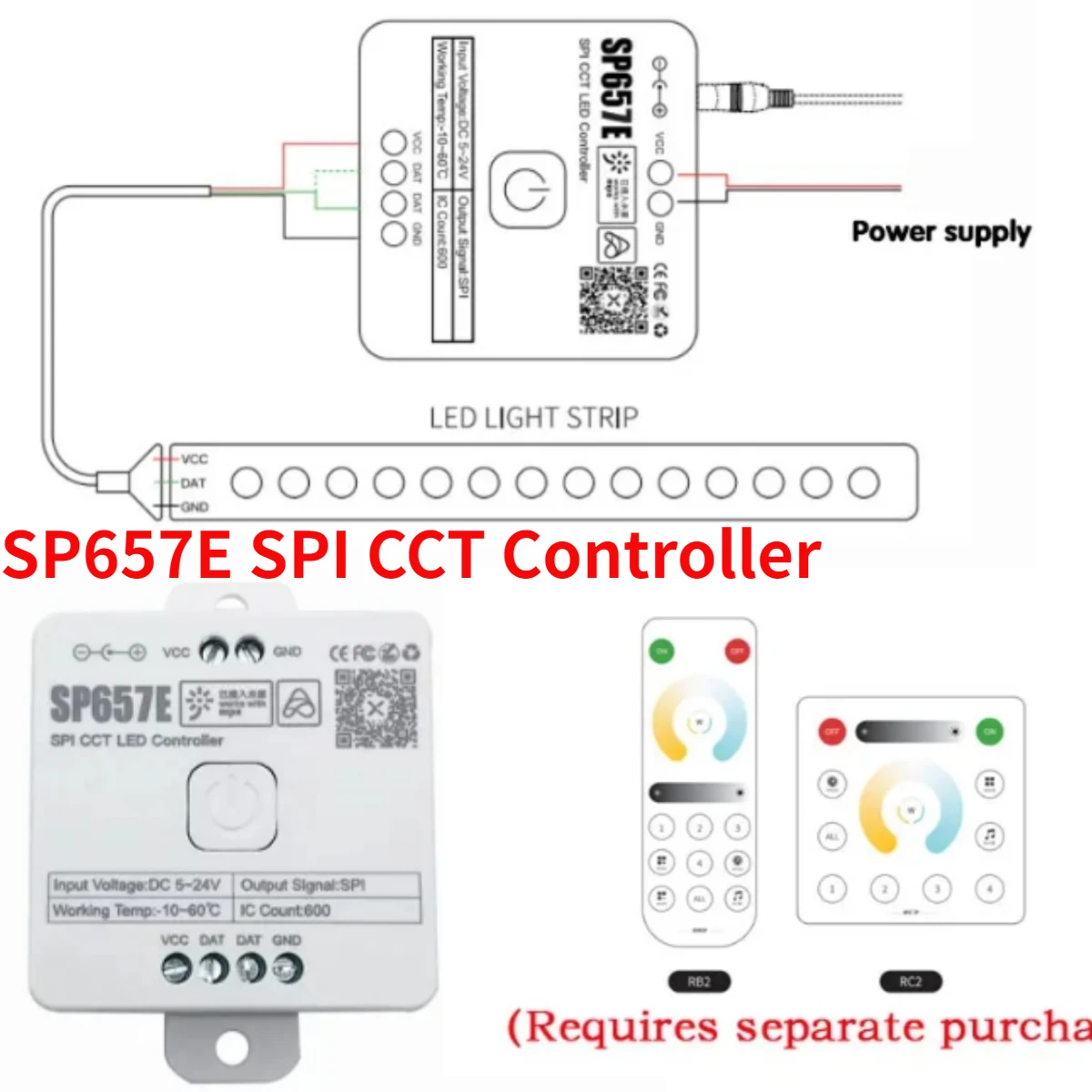 

New SP657E Smart SPI CCT LED Bluetooth Controller / RF 2.4G Panel Remote Dimmer for Dual Color LED Strip Pixel Light DC5/12/24V